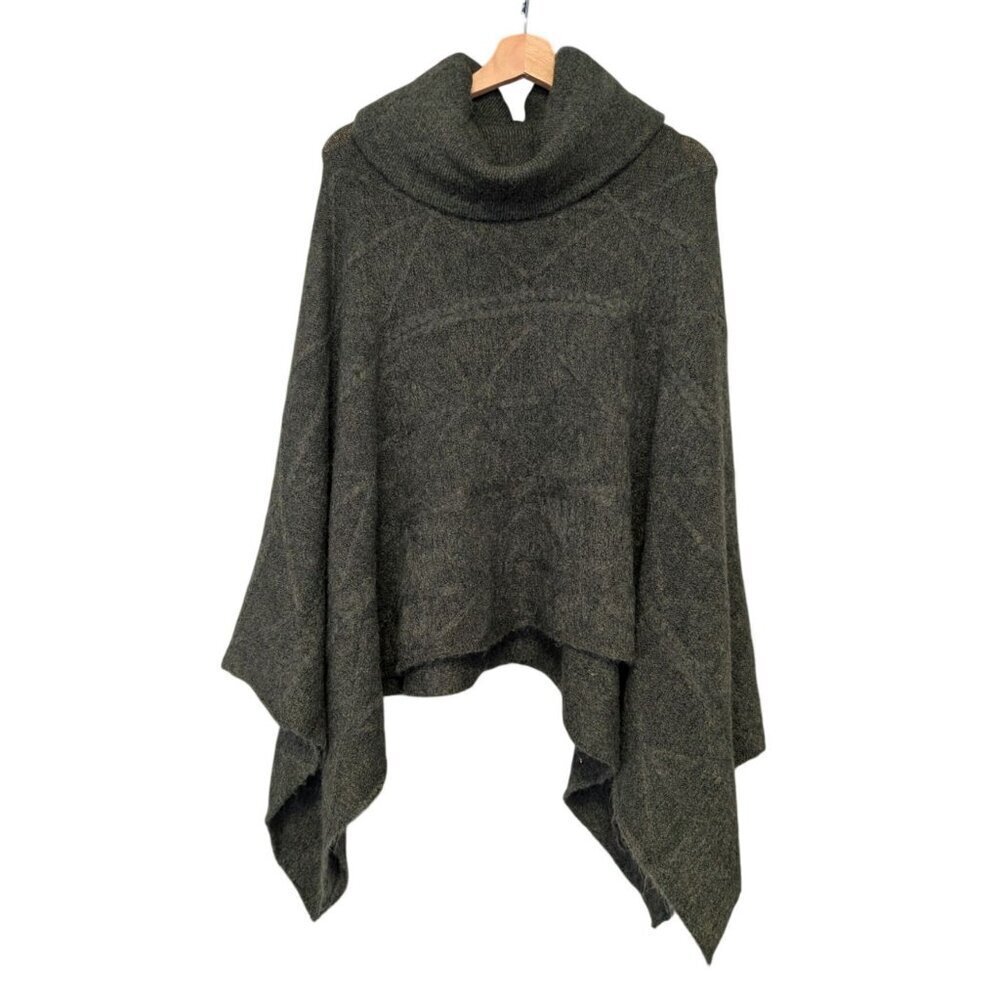 World Market Wool Blend Poncho Olive Green Moss Cowl Neck Knit Pockets One Size